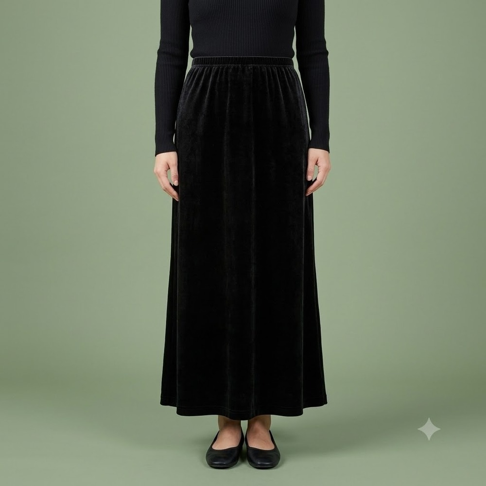 Vintage Joan Leslie Velvet Maxi Skirt Womens M Petite Black Stretch EUC